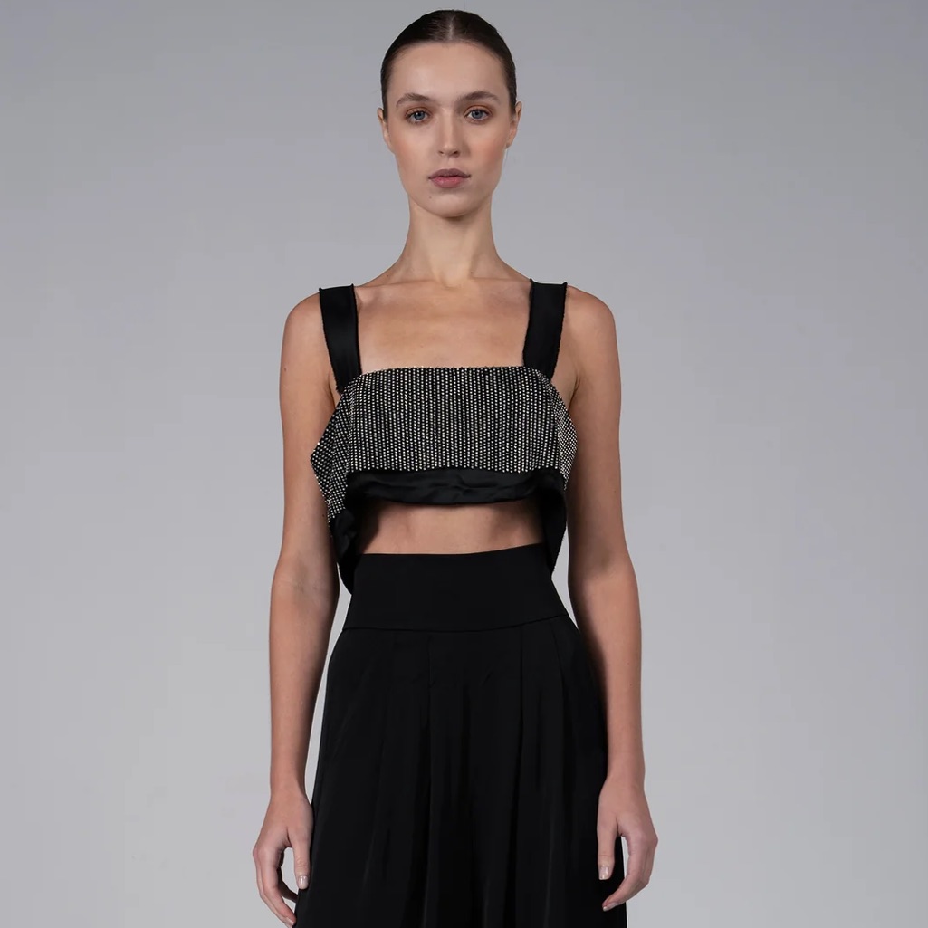 Nonchalant Label Capri Embellished Netted Jewel Overlay Black Crop Top Euc Sz M